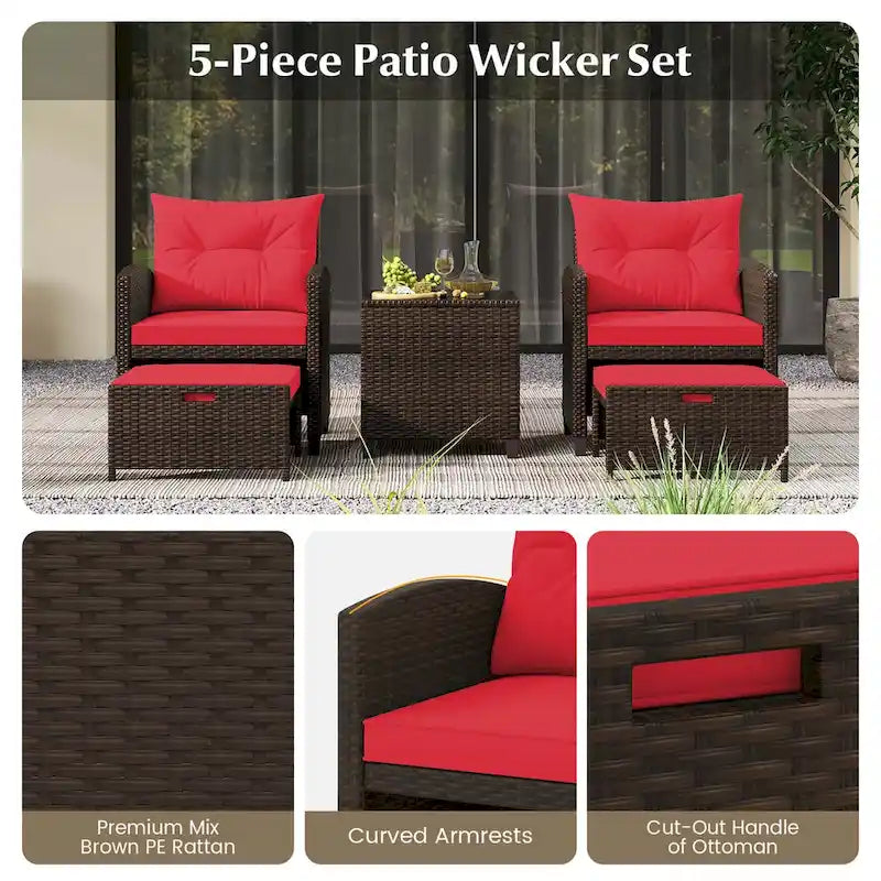 Costway, ensemble de mobilier de patio en rotin 5 pièces avec 2 poufs et verre trempé - Voir les détails