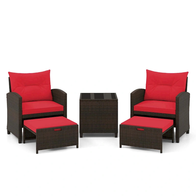 Costway, ensemble de mobilier de patio en rotin 5 pièces avec 2 poufs et verre trempé - Voir les détails