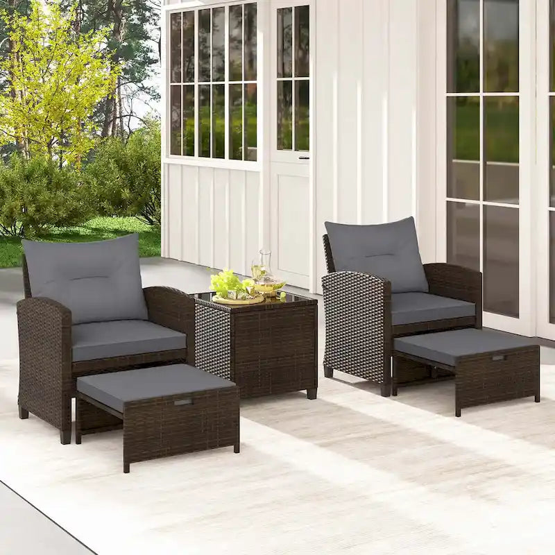 Costway, ensemble de mobilier de patio en rotin 5 pièces avec 2 poufs et verre trempé - Voir les détails