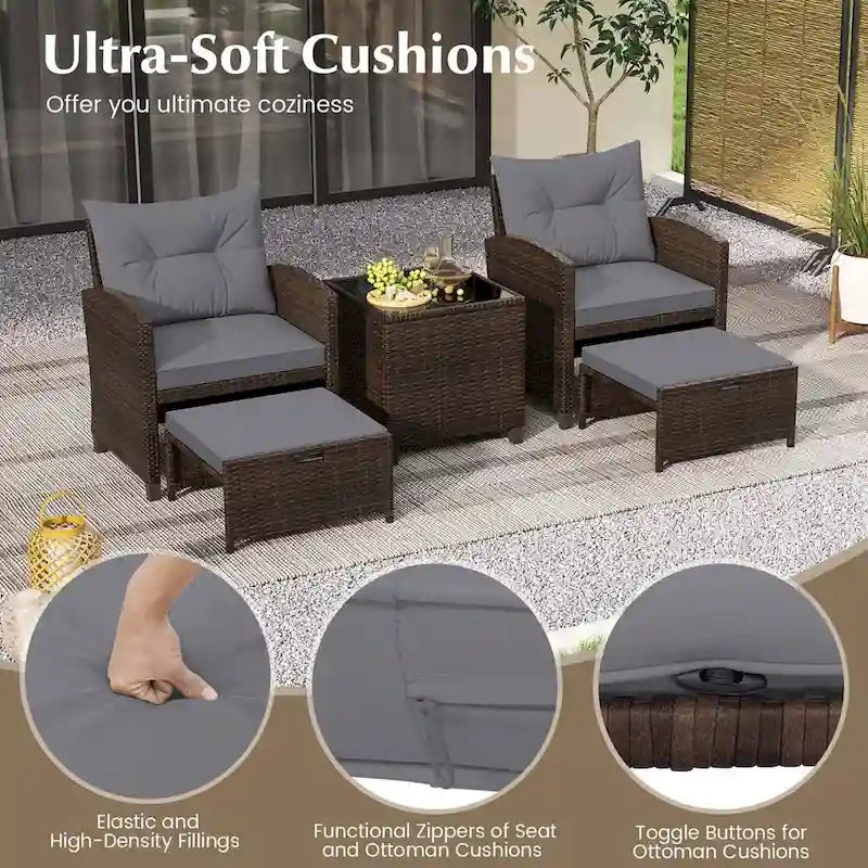 Costway, ensemble de mobilier de patio en rotin 5 pièces avec 2 poufs et verre trempé - Voir les détails
