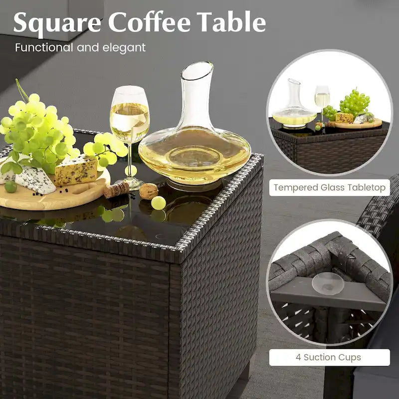 Costway, ensemble de mobilier de patio en rotin 5 pièces avec 2 poufs et verre trempé - Voir les détails