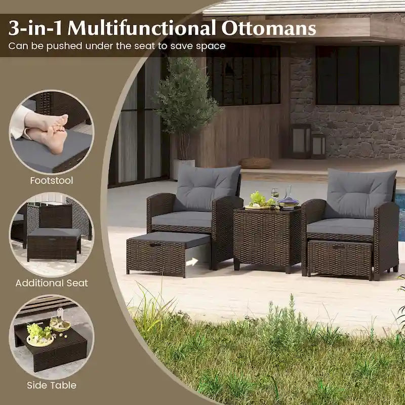 Costway, ensemble de mobilier de patio en rotin 5 pièces avec 2 poufs et verre trempé - Voir les détails