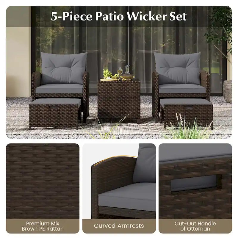 Costway, ensemble de mobilier de patio en rotin 5 pièces avec 2 poufs et verre trempé - Voir les détails