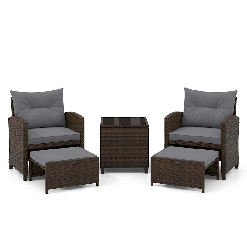 Costway, ensemble de mobilier de patio en rotin 5 pièces avec 2 poufs et verre trempé - Voir les détails