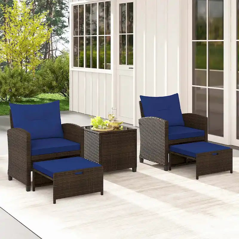Costway, ensemble de mobilier de patio en rotin 5 pièces avec 2 poufs et verre trempé - Voir les détails