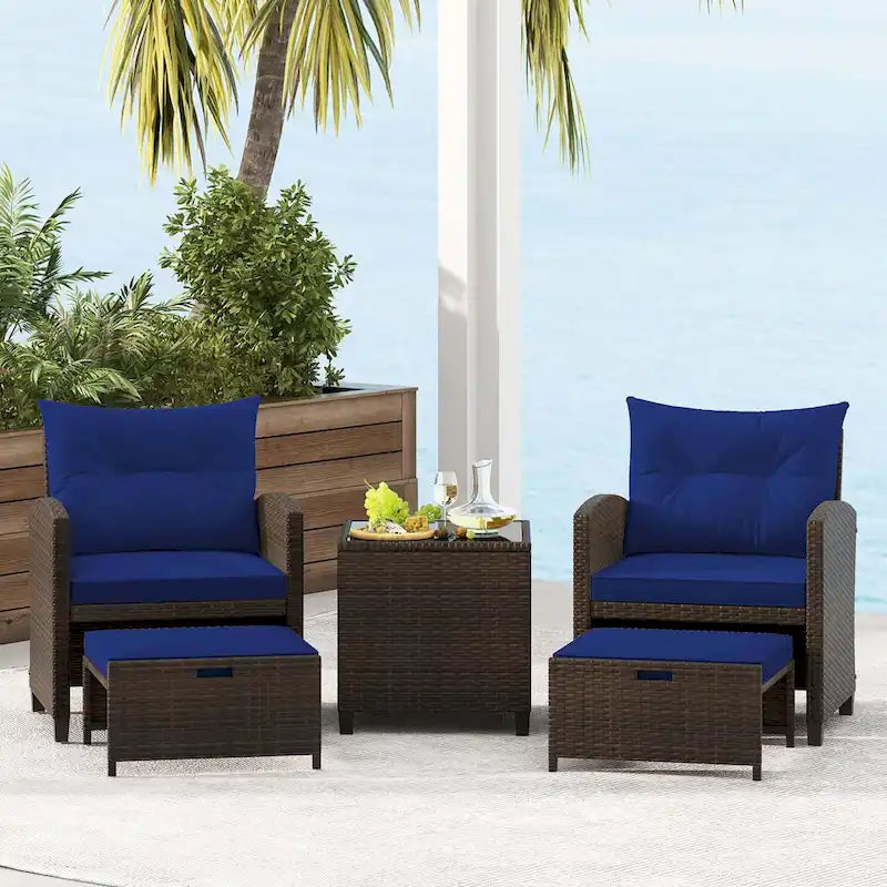 Costway, ensemble de mobilier de patio en rotin 5 pièces avec 2 poufs et verre trempé - Voir les détails