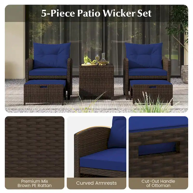 Costway, ensemble de mobilier de patio en rotin 5 pièces avec 2 poufs et verre trempé - Voir les détails