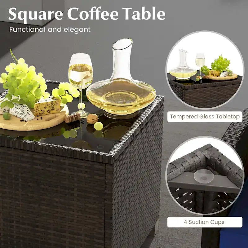 Costway, ensemble de mobilier de patio en rotin 5 pièces avec 2 poufs et verre trempé - Voir les détails