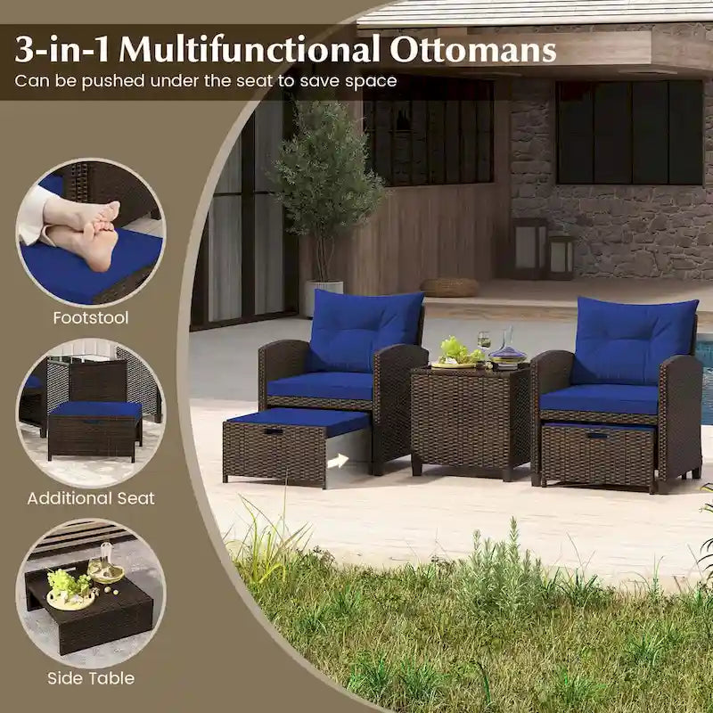 Costway, ensemble de mobilier de patio en rotin 5 pièces avec 2 poufs et verre trempé - Voir les détails