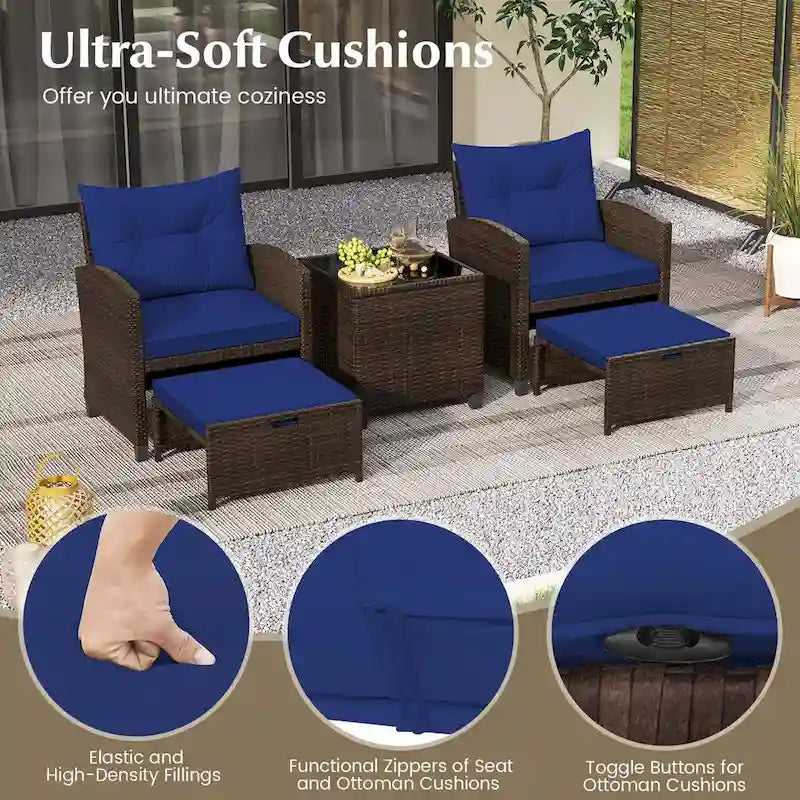 Costway, ensemble de mobilier de patio en rotin 5 pièces avec 2 poufs et verre trempé - Voir les détails