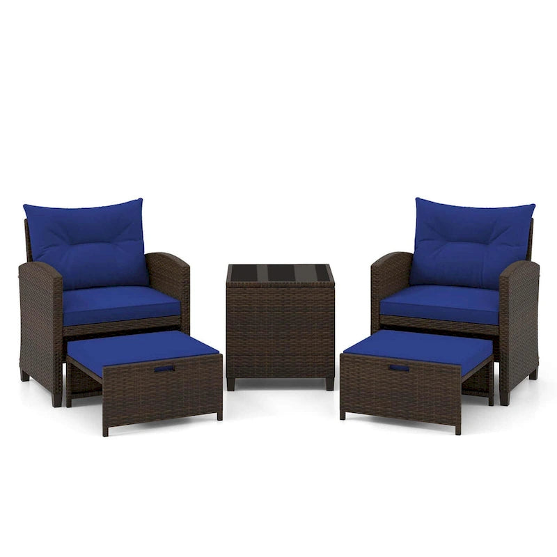 Costway, ensemble de mobilier de patio en rotin 5 pièces avec 2 poufs et verre trempé - Voir les détails