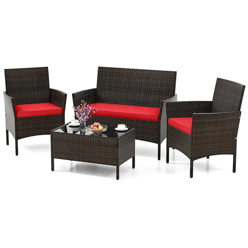 Ensemble de mobilier de patio Gymax 4 pièces avec coussins lavables et verre trempé