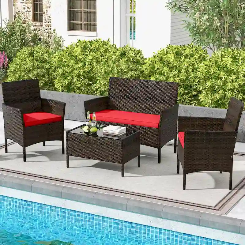 Ensemble de mobilier de patio Gymax 4 pièces avec coussins lavables et verre trempé