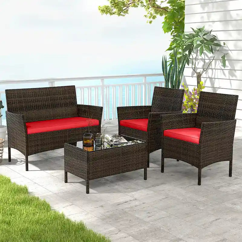 Ensemble de mobilier de patio Gymax 4 pièces avec coussins lavables et verre trempé