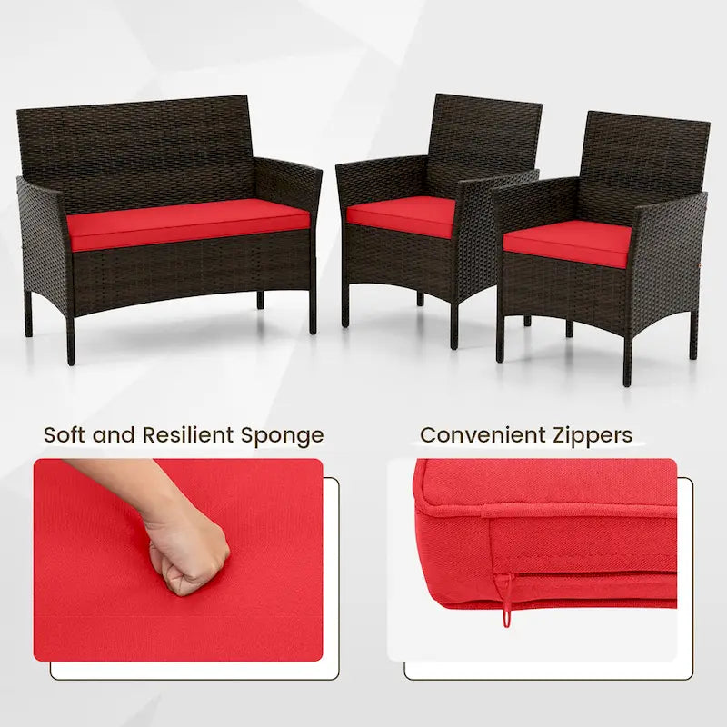 Ensemble de mobilier de patio Gymax 4 pièces avec coussins lavables et verre trempé