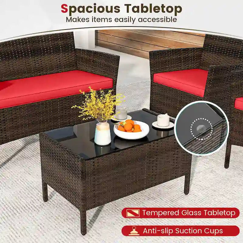 Ensemble de mobilier de patio Gymax 4 pièces avec coussins lavables et verre trempé