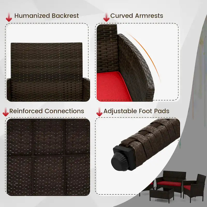Ensemble de mobilier de patio Gymax 4 pièces avec coussins lavables et verre trempé