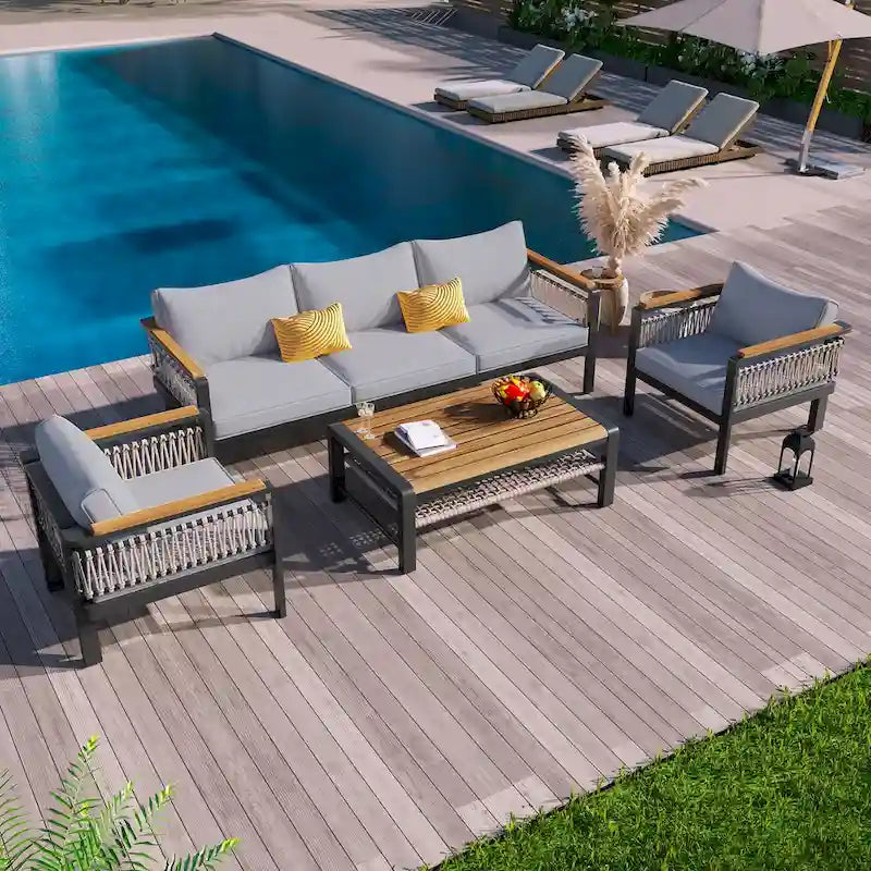 4 Piece Outdoor Woven Rope Furniture Set, Patio Sectional Sofa Set with Removable Waterproof Cushions and Coffee Table