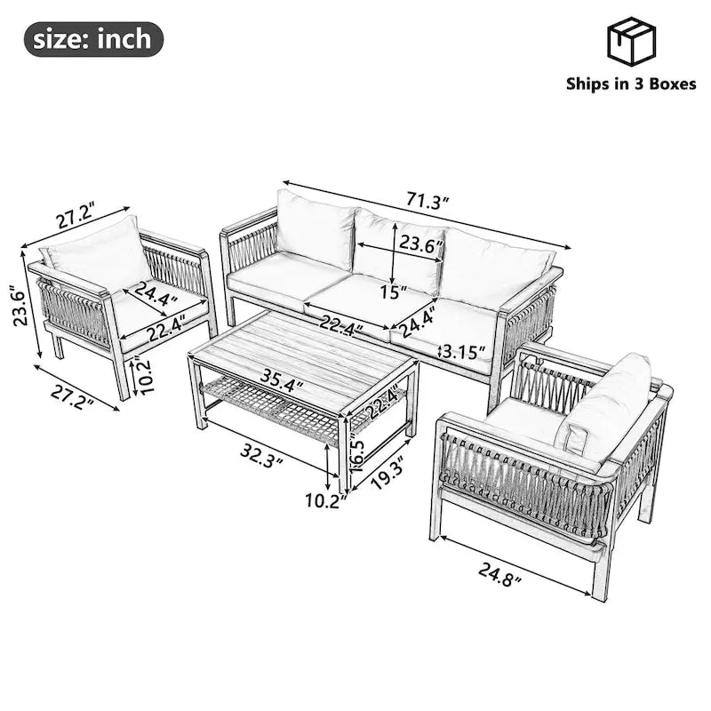Ensemble de meubles d'extérieur 4 pièces en corde tressée, ensemble de canapés modulables de patio avec coussins imperméables amovibles et table basse