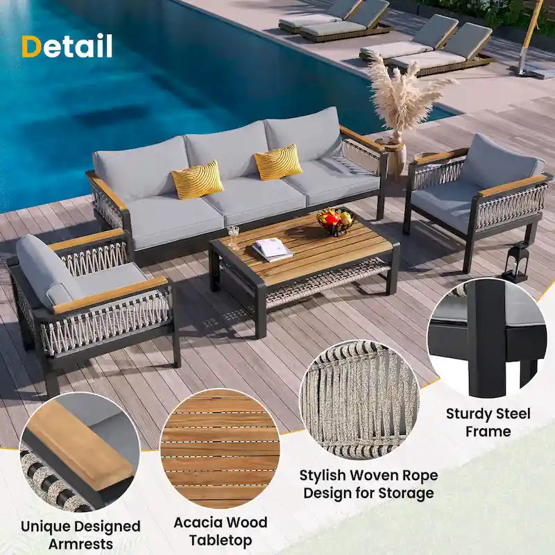Ensemble de meubles d'extérieur 4 pièces en corde tressée, ensemble de canapés modulables de patio avec coussins imperméables amovibles et table basse