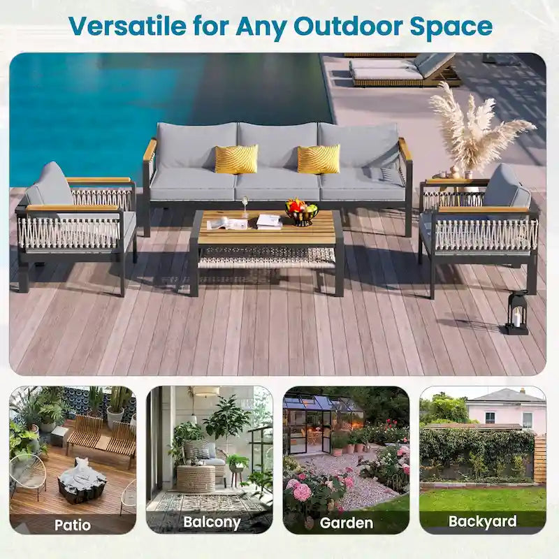 Ensemble de meubles d'extérieur 4 pièces en corde tressée, ensemble de canapés modulables de patio avec coussins imperméables amovibles et table basse