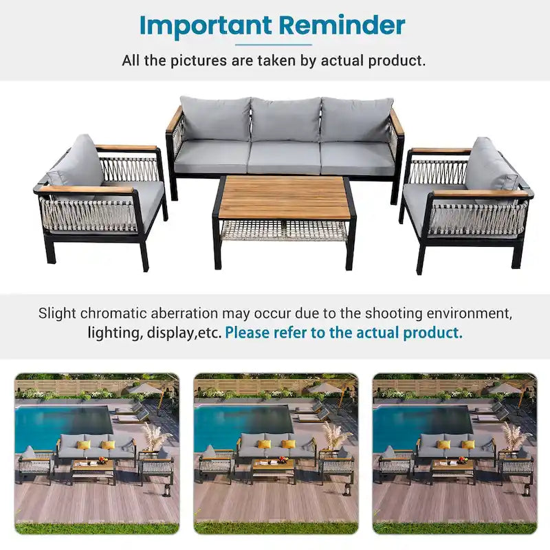 Ensemble de meubles d'extérieur 4 pièces en corde tressée, ensemble de canapés modulables de patio avec coussins imperméables amovibles et table basse