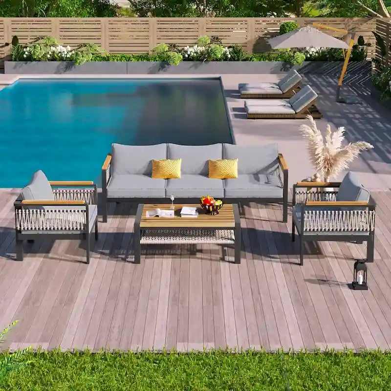 Ensemble de meubles d'extérieur 4 pièces en corde tressée, ensemble de canapés modulables de patio avec coussins imperméables amovibles et table basse