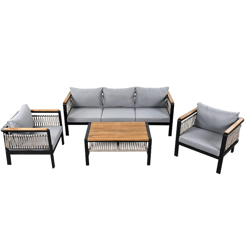 Ensemble de meubles d'extérieur 4 pièces en corde tressée, ensemble de canapés modulables de patio avec coussins imperméables amovibles et table basse