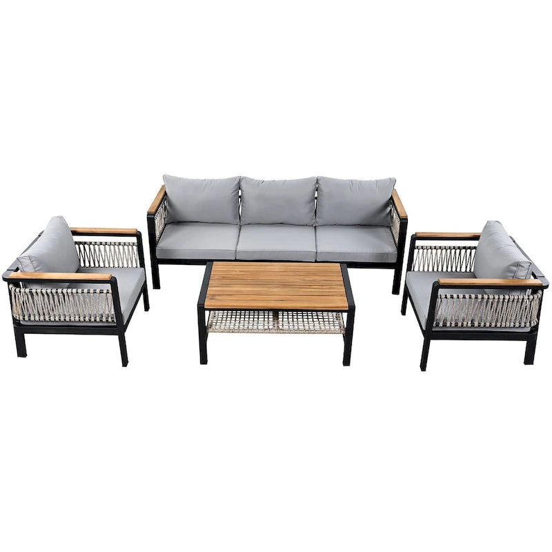 Ensemble de meubles d'extérieur 4 pièces en corde tressée, ensemble de canapés modulables de patio avec coussins imperméables amovibles et table basse