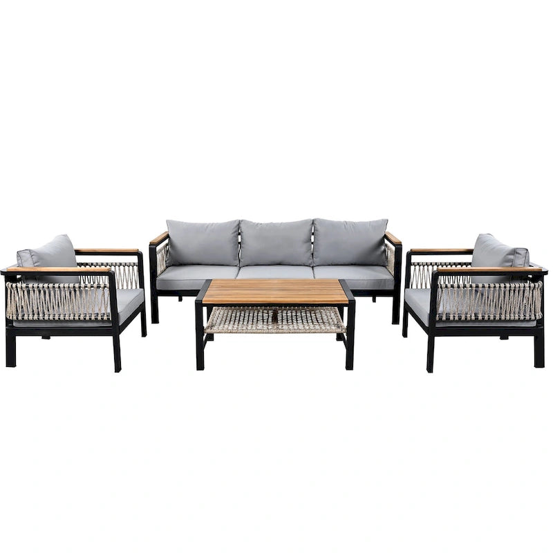 Ensemble de meubles d'extérieur 4 pièces en corde tressée, ensemble de canapés modulables de patio avec coussins imperméables amovibles et table basse