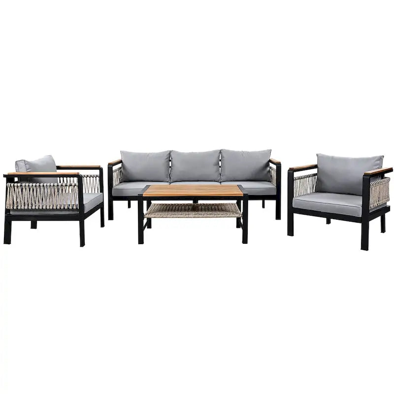 Ensemble de meubles d'extérieur 4 pièces en corde tressée, ensemble de canapés modulables de patio avec coussins imperméables amovibles et table basse