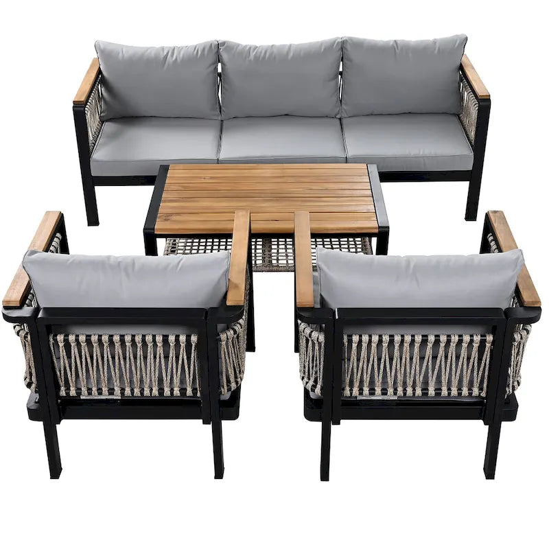 Ensemble de meubles d'extérieur 4 pièces en corde tressée, ensemble de canapés modulables de patio avec coussins imperméables amovibles et table basse