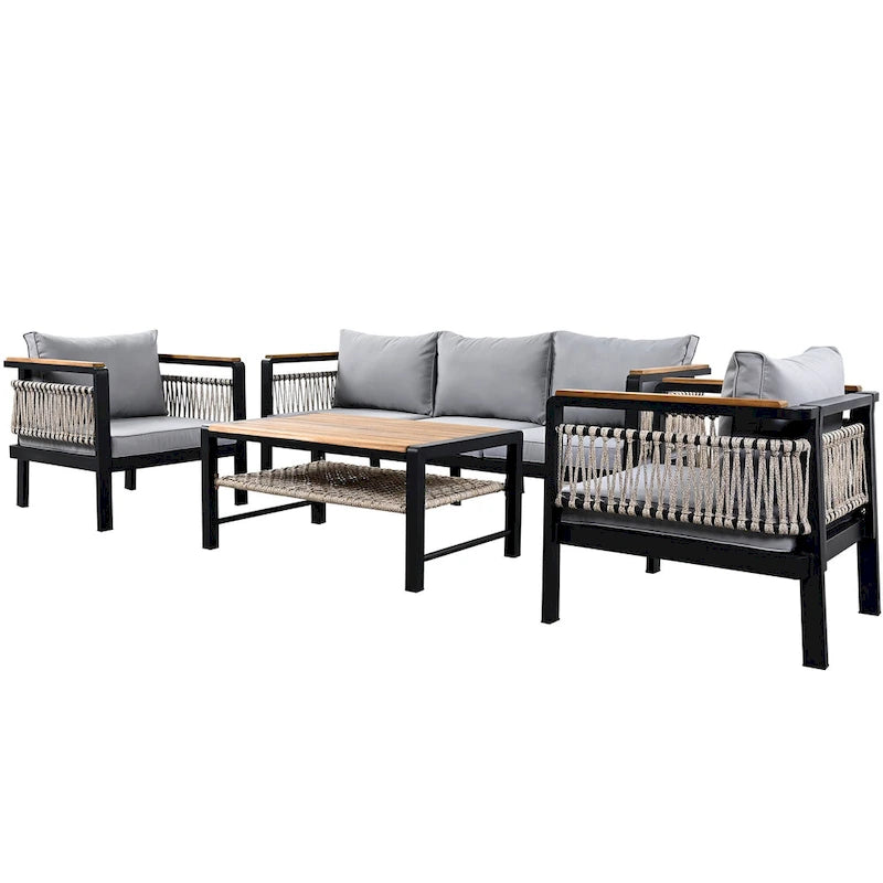 Ensemble de meubles d'extérieur 4 pièces en corde tressée, ensemble de canapés modulables de patio avec coussins imperméables amovibles et table basse