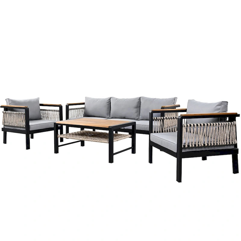 Ensemble de meubles d'extérieur 4 pièces en corde tressée, ensemble de canapés modulables de patio avec coussins imperméables amovibles et table basse
