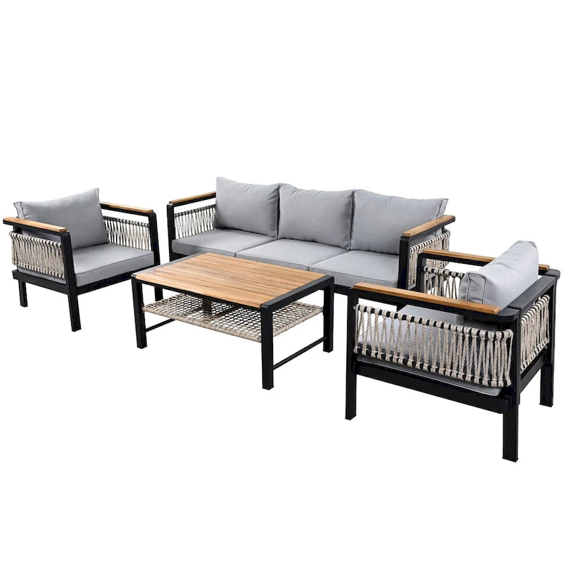 Ensemble de meubles d'extérieur 4 pièces en corde tressée, ensemble de canapés modulables de patio avec coussins imperméables amovibles et table basse