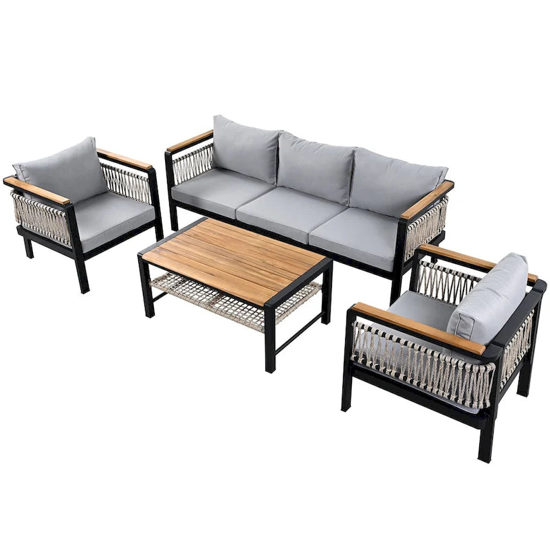 Ensemble de meubles d'extérieur 4 pièces en corde tressée, ensemble de canapés modulables de patio avec coussins imperméables amovibles et table basse