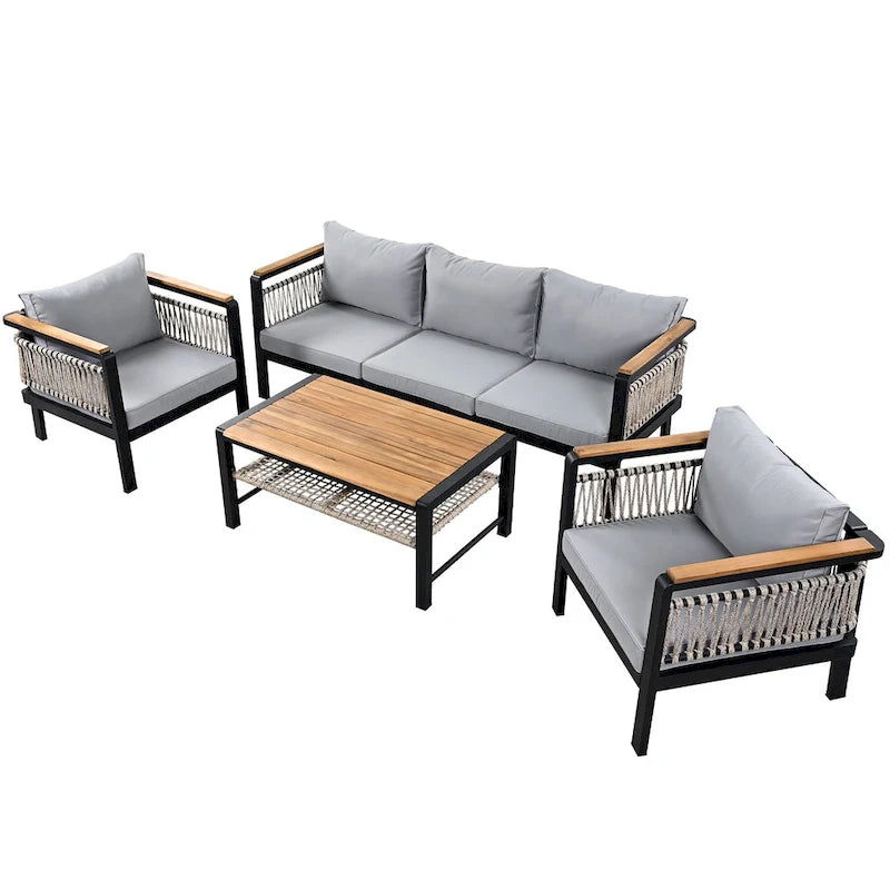 Ensemble de meubles d'extérieur 4 pièces en corde tressée, ensemble de canapés modulables de patio avec coussins imperméables amovibles et table basse