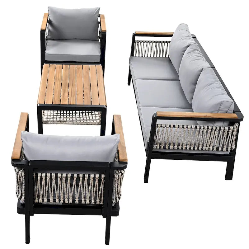 Ensemble de meubles d'extérieur 4 pièces en corde tressée, ensemble de canapés modulables de patio avec coussins imperméables amovibles et table basse