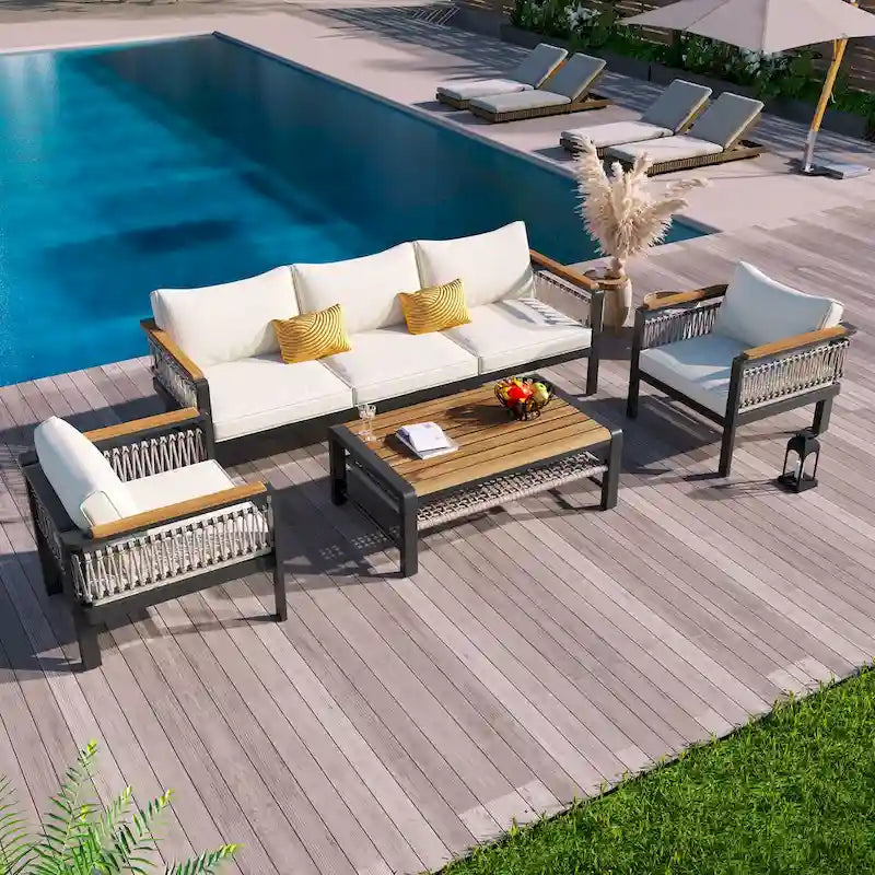 Ensemble de meubles d'extérieur 4 pièces en corde tressée, ensemble de canapés modulables de patio avec coussins imperméables amovibles et table basse