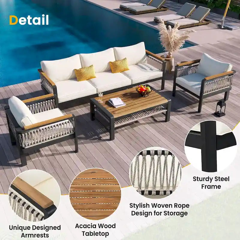 Ensemble de meubles d'extérieur 4 pièces en corde tressée, ensemble de canapés modulables de patio avec coussins imperméables amovibles et table basse