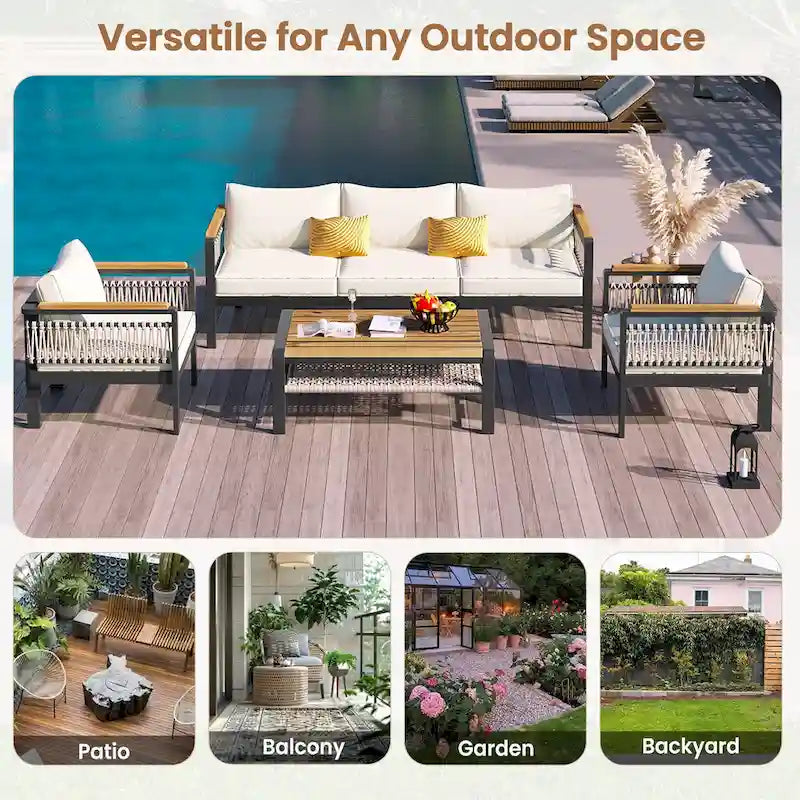 Ensemble de meubles d'extérieur 4 pièces en corde tressée, ensemble de canapés modulables de patio avec coussins imperméables amovibles et table basse