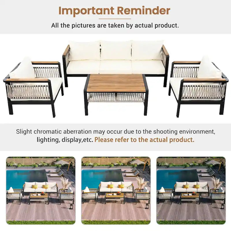 Ensemble de meubles d'extérieur 4 pièces en corde tressée, ensemble de canapés modulables de patio avec coussins imperméables amovibles et table basse