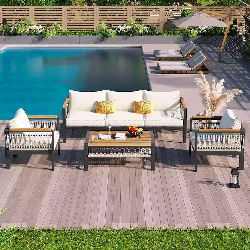 Ensemble de meubles d'extérieur 4 pièces en corde tressée, ensemble de canapés modulables de patio avec coussins imperméables amovibles et table basse