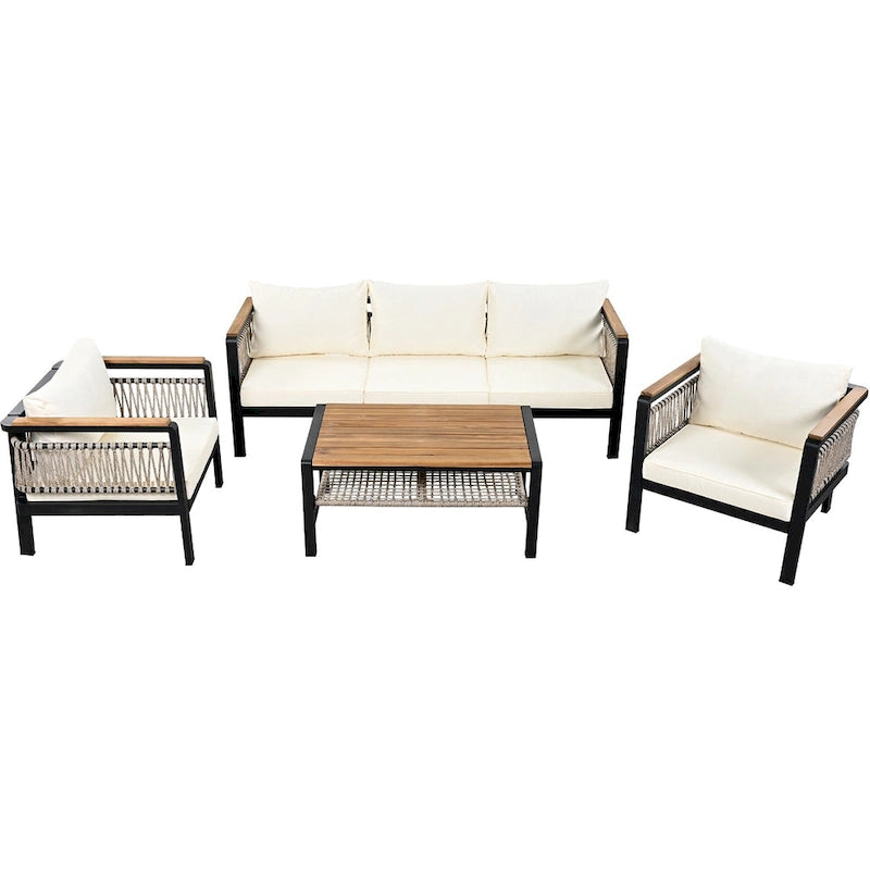 Ensemble de meubles d'extérieur 4 pièces en corde tressée, ensemble de canapés modulables de patio avec coussins imperméables amovibles et table basse