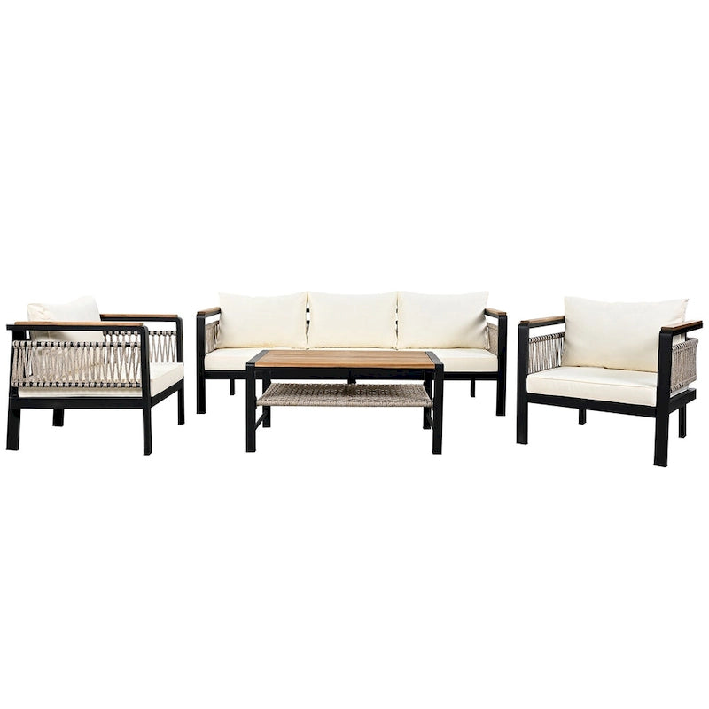 Ensemble de meubles d'extérieur 4 pièces en corde tressée, ensemble de canapés modulables de patio avec coussins imperméables amovibles et table basse