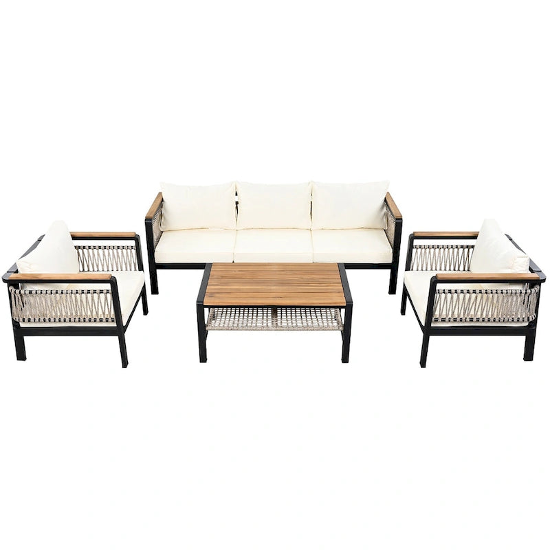 Ensemble de meubles d'extérieur 4 pièces en corde tressée, ensemble de canapés modulables de patio avec coussins imperméables amovibles et table basse