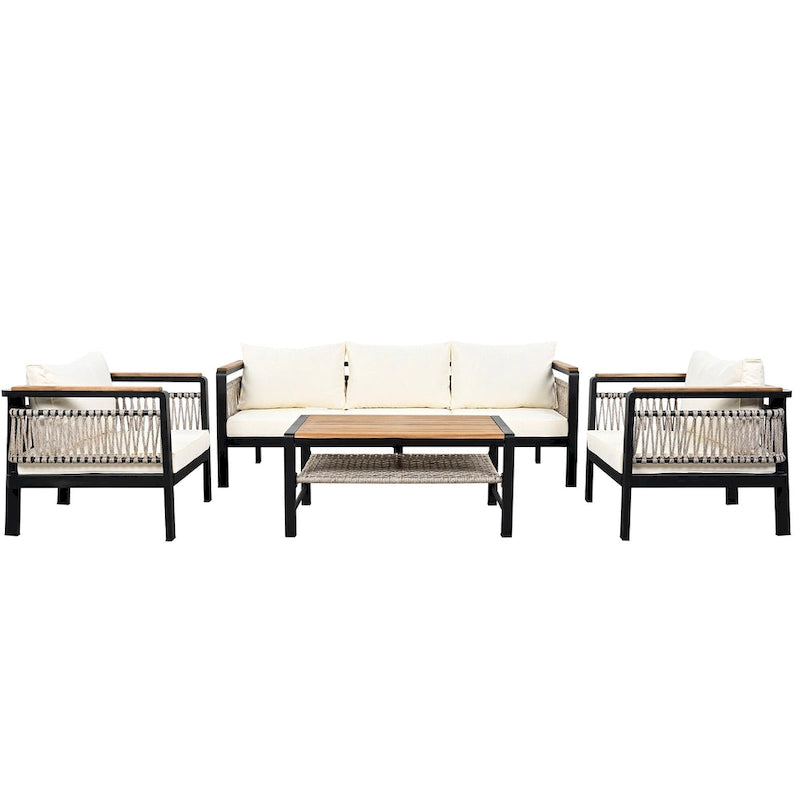 Ensemble de meubles d'extérieur 4 pièces en corde tressée, ensemble de canapés modulables de patio avec coussins imperméables amovibles et table basse