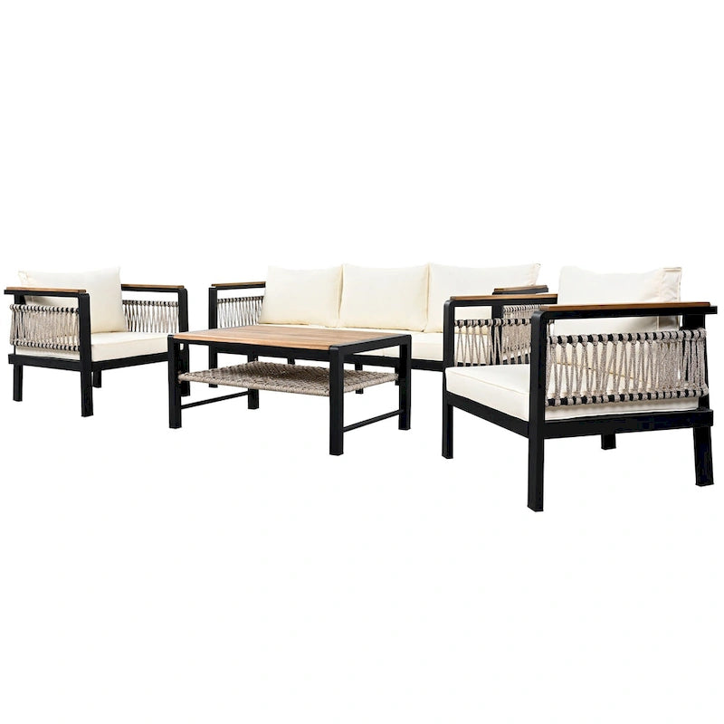 Ensemble de meubles d'extérieur 4 pièces en corde tressée, ensemble de canapés modulables de patio avec coussins imperméables amovibles et table basse