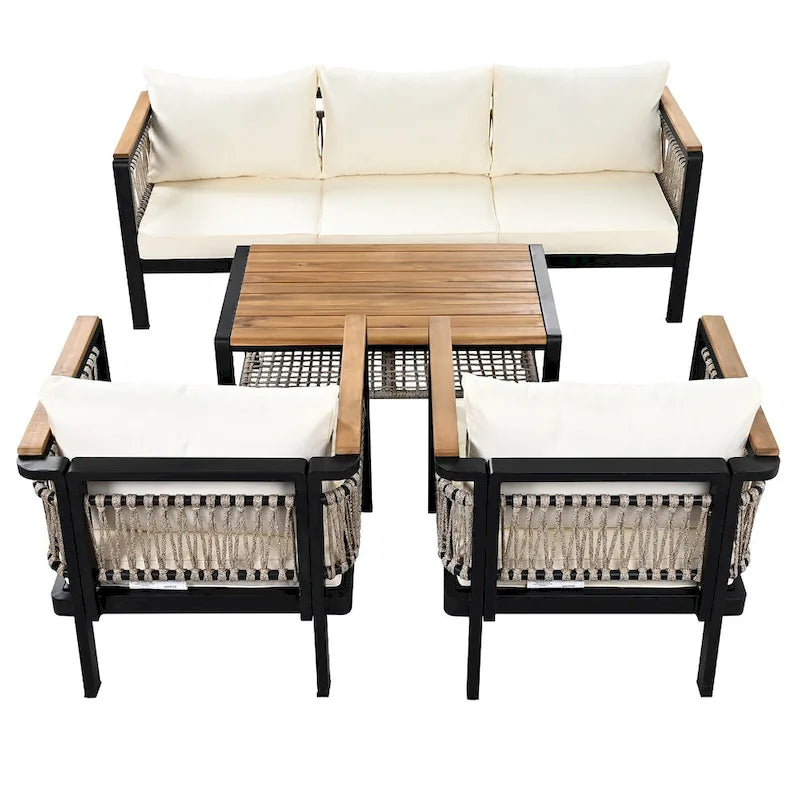 Ensemble de meubles d'extérieur 4 pièces en corde tressée, ensemble de canapés modulables de patio avec coussins imperméables amovibles et table basse