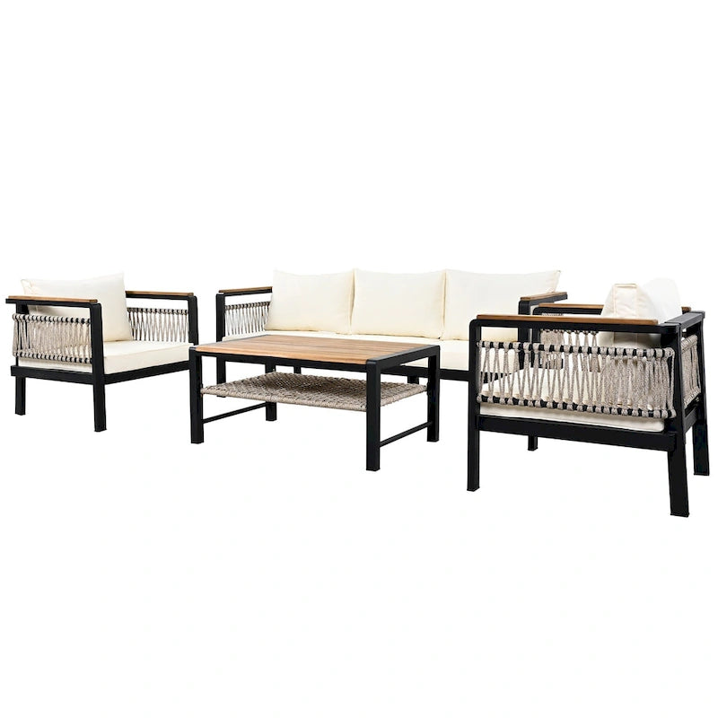 Ensemble de meubles d'extérieur 4 pièces en corde tressée, ensemble de canapés modulables de patio avec coussins imperméables amovibles et table basse